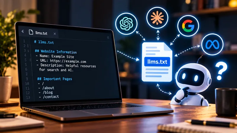 A laptop showing an llms.txt file that lists a site's name and key pages, beside a glowing llms.txt document linked to the ChatGPT, Claude, Google and Meta logos, and a small robot looking puzzled under a question mark.