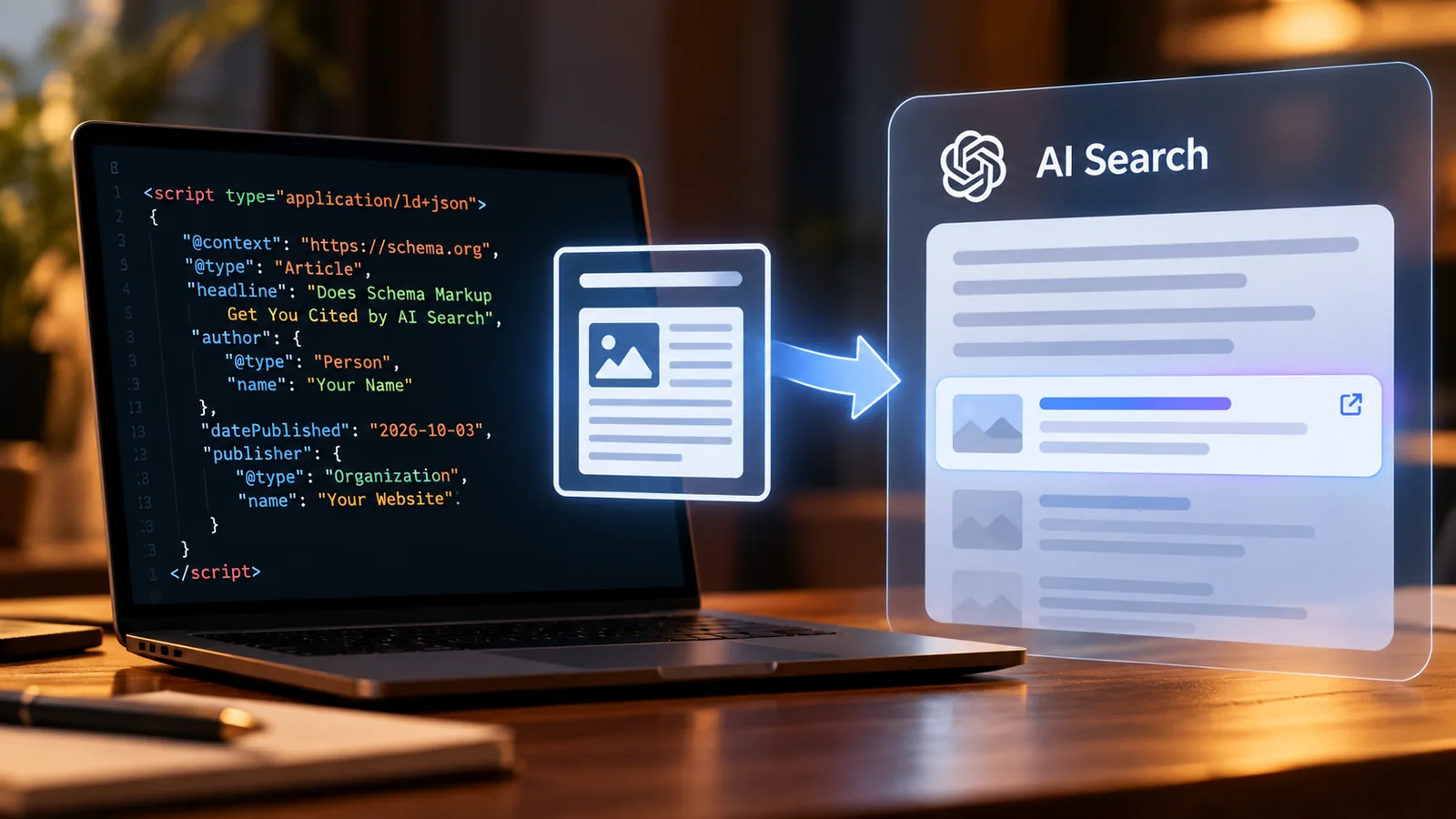 A laptop showing Article schema markup written in JSON-LD, with an arrow leading from a web page card to an AI search results panel where one result is highlighted.