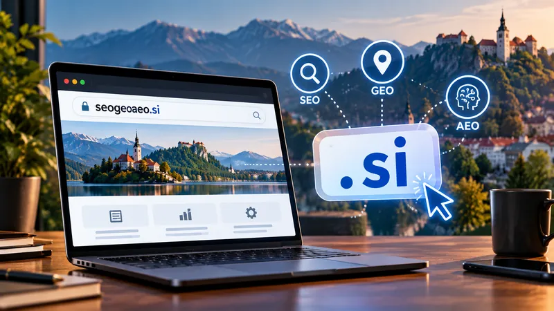 A laptop with seogeoaeo.si in the browser address bar, beside a glowing .si domain button linked to SEO, GEO and AEO icons, with Lake Bled, its island church and castle in Slovenia behind.